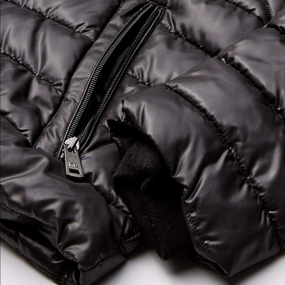🎁 Kenneth Cole New York Women's Short Puffer Faux Fur Trimmed Hood Black Large - Picture 7 of 8